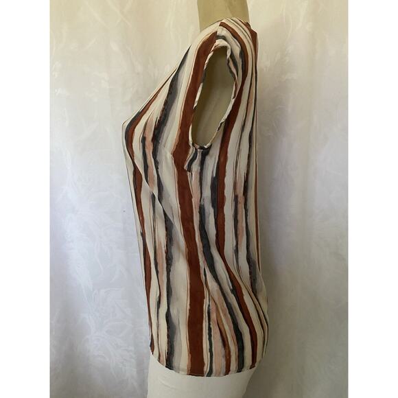 St John Silk Top Blouse Sleeveless Striped Brown Gray Cream Keyhole Stre… - Picture 4 of 9